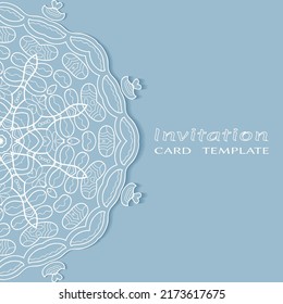 Invitation or Card template with lacе frame border, doodle line pattern, mandala element. Decorative openwork filigree art background for Wedding, Valentine's day greeting card, Birthday Invitation