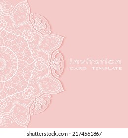 Invitation or Card template with lacе frame border, doodle line pattern, mandala element. Decorative openwork filigree art background for Wedding, Valentine's day greeting card, Birthday Invitation