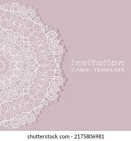 Invitation or Card template with lacе frame border, doodle line pattern, mandala element. Decorative openwork filigree art background for Wedding, Valentine's day greeting card, Birthday Invitation