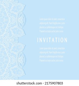 Plantilla de invitación o tarjeta con borde de marco е lacado, patrón de línea de doodle, elemento mandala. Fondo decorativo de arte de fibra de trabajo abierto para boda, tarjeta de saludo de San Valentín, invitación de cumpleaños