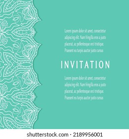 Invitation or Card template with lacе frame border, doodle line pattern, mandala element. Decorative openwork filigree art background for Wedding, Valentine's day greeting card, Birthday Invitation