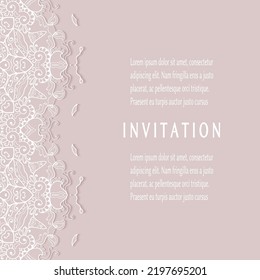 Plantilla de invitación o tarjeta con borde de marco е lacado, patrón de línea de doodle, elemento mandala. Fondo decorativo de arte de fibra de trabajo abierto para boda, tarjeta de saludo de San Valentín, invitación de cumpleaños