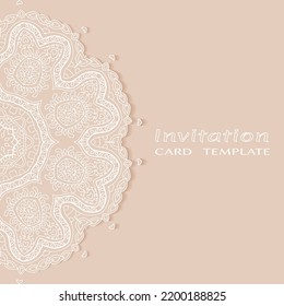 Invitation or Card template with lacе frame border, doodle line pattern, mandala element. Decorative openwork filigree art background for Wedding, Valentine's day greeting card, Birthday Invitation