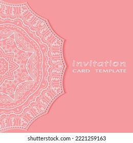 Invitation or Card template with lacе frame border, doodle line pattern, mandala element. Decorative openwork filigree art background for Wedding, Valentine's day greeting card, Birthday Invitation