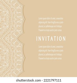 Invitation or Card template with lacе frame border, doodle line pattern, mandala element. Decorative openwork filigree art background for Wedding, Valentine's day greeting card, Birthday Invitation