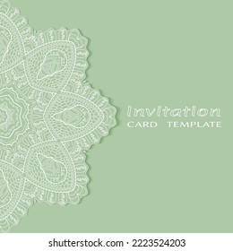 Plantilla de invitación o tarjeta con borde de marco е lacado, patrón de línea de doodle, elemento mandala. Fondo decorativo de arte de fibra de trabajo abierto para boda, tarjeta de saludo de San Valentín, invitación de cumpleaños