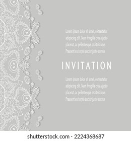 Plantilla de invitación o tarjeta con borde de marco е lacado, patrón de línea de doodle, elemento mandala. Fondo decorativo de arte de fibra de trabajo abierto para boda, tarjeta de saludo de San Valentín, invitación de cumpleaños