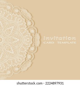 Invitation or Card template with lacе frame border, doodle line pattern, mandala element. Decorative openwork filigree art background for Wedding, Valentine's day greeting card, Birthday Invitation