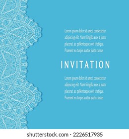 Plantilla de invitación o tarjeta con borde de marco е lacado, patrón de línea de doodle, elemento mandala. Fondo decorativo de arte de fibra de trabajo abierto para boda, tarjeta de saludo de San Valentín, invitación de cumpleaños