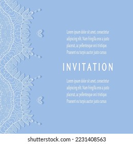 Invitation or Card template with lacе frame border, doodle line pattern, mandala element. Decorative openwork filigree art background for Wedding, Valentine's day greeting card, Birthday Invitation