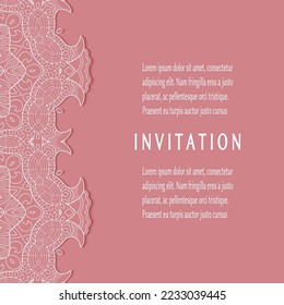 Invitation or Card template with lacе frame border, doodle line pattern, mandala element. Decorative openwork filigree art background for Wedding, Valentine's day greeting card, Birthday Invitation