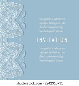 Einladung oder Kartenvorlage mit е Rahmenrahmen, Doodle Line Muster, Mandala Element. Dekorative offene Arbeit figree Kunsthintergrund für Hochzeit, Valentinstag-Grußkarte, Geburtstagseinladung