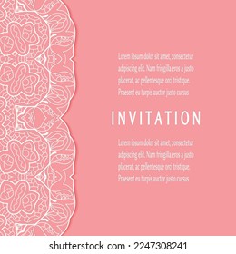 Invitation or Card template with lacе frame border, doodle line pattern, mandala element. Decorative openwork filigree art background for Wedding, Valentine's day greeting card, Birthday Invitation
