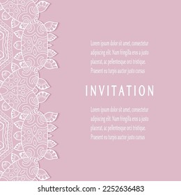 Invitation or Card template with lacе frame border, doodle line pattern, mandala element. Decorative openwork filigree art background for Wedding, Valentine's day greeting card, Birthday Invitation