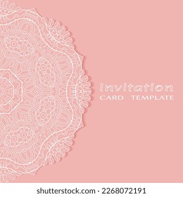 Invitation or Card template with lacе frame border, doodle line pattern, mandala element. Decorative openwork filigree art background for Wedding, Valentine's day greeting card, Birthday Invitation