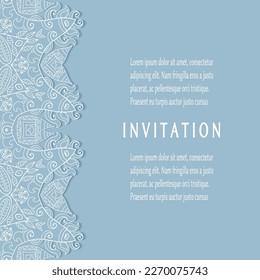 Invitation or Card template with lacе frame border, doodle line pattern, mandala element. Decorative openwork filigree art background for Wedding, Valentine's day greeting card, Birthday Invitation