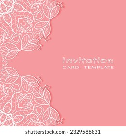 Invitation or Card template with lacе frame border, doodle line pattern, mandala element. Decorative openwork filigree art background for Wedding, Valentine's day greeting card, Birthday Invitation