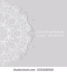Invitation or Card template with lacе frame border, doodle line pattern, mandala element. Decorative openwork filigree art background for Wedding, Valentine's day greeting card, Birthday Invitation