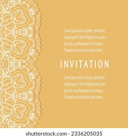 Invitation or Card template with lacе frame border, doodle line pattern, mandala element. Decorative openwork filigree art background for Wedding, Valentine's day greeting card, Birthday Invitation