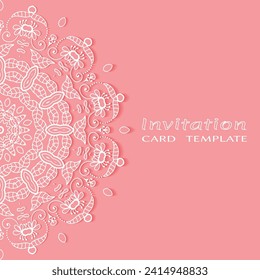 Invitation or Card template with lacе frame border, doodle line pattern, mandala element. Decorative openwork filigree art background for Wedding, Valentine's day greeting card, Birthday Invitation
