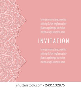 Invitation or Card template with lacе frame border, doodle line pattern, mandala element. Decorative openwork filigree art background for Wedding, Valentine's day greeting card, Birthday Invitation