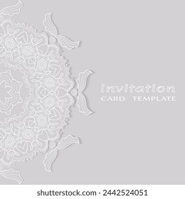 Invitation or Card template with lacе frame border, doodle line pattern, mandala element. Decorative openwork filigree art background for Wedding, Valentine's day greeting card, Birthday Invitation