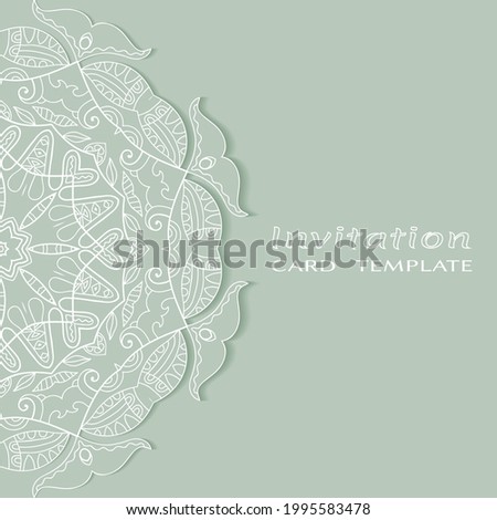 Invitation or Card template with lacе frame border, doodle line pattern, mandala element. Decorative openwork filigree art background for Wedding, Valentine's day greeting card, Birthday Invitation