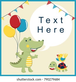 Invitation card template with funny crocodile cartoon holding colorful balloon, bird standing on turtle's back 