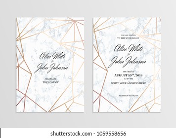 Plantilla de tarjeta de invitación de diseño geométrico. Dos lados. Invitación a una fiesta de boda. Fondo de mármol blanco y motivos geométricos color rosa-dorado. Dimensiones 5 x 7 pulgadas. Patrón sin problemas incluido. Eps10.