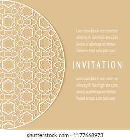 Invitation or Card template with geometric line border, lace pattern, mandala element. Decorative openwork filigree art, linear background for Wedding, Valentine's day cards, Birthday Invitations