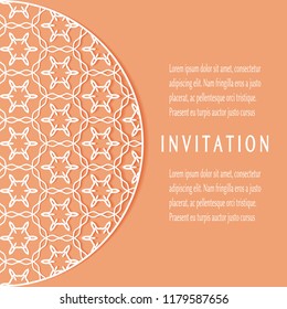 Invitation or Card template with geometric line border, lace pattern, mandala element. Decorative openwork filigree art, linear background for Wedding, Valentine's day cards, Birthday Invitations