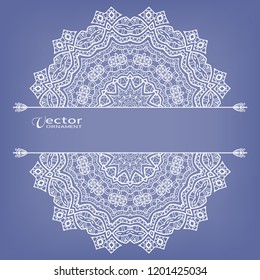 Invitation or Card template with geometric line border, lace pattern, mandala element. Decorative openwork filigree art, linear background for Wedding, Valentine's day cards, Birthday Invitations