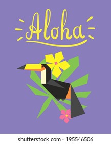 Invitation card template with geometric tropical bird and flowers