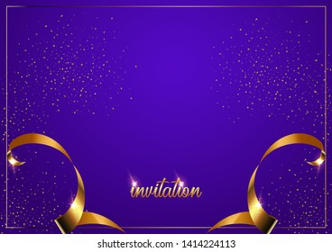 Invitation card template. Golden ribbons and Invitation word on purple gradient background vector illustration. Creative backdrop with thin geometric border and golden confetti.