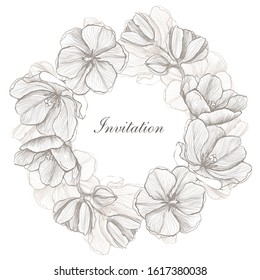 Invitation card template with graphic frame decorated gentle flowers, hand drawn vector