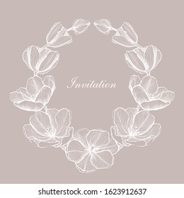 Plantilla de tarjeta de invitación con marco gráfico decorado flores gentiles, vector dibujado a mano