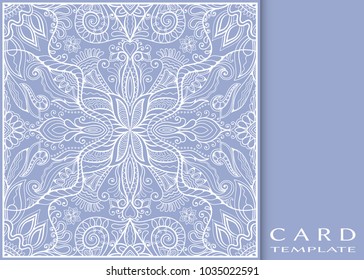 Invitation or Card template, hand drawn floral geometric lace pattern. Decorative openwork filigree art, doodle background for Wedding, Valentine's day cards, Birthday Invitations