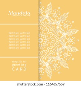 Invitation or Card template. Hand drawn mandala, geometric and floral elements, round line ornament. Decorative doodle lace background for Wedding, Valentine's day cards, Birthday Invitations
