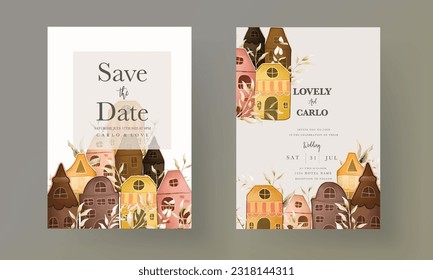 invitation card template with hand drawn vintage house and leaves