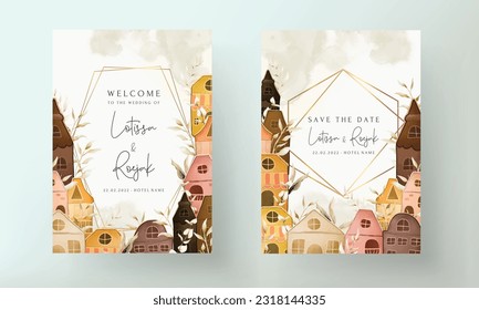 invitation card template with hand drawn vintage house and leaves
