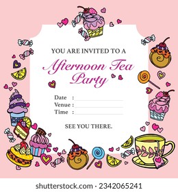 Invitation card template with hand drawn pastel coloured desserts, tea party, birthday theme
