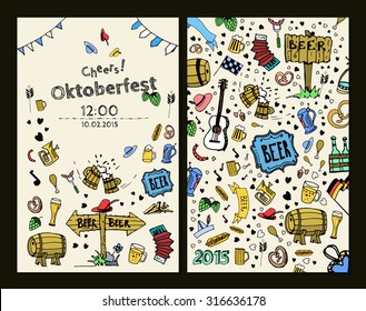 Invitation card template with hand drawn simple oktoberfest doodle texture with place for text. Perfect for invitation card, save the date Beer, sausage, guitar, barrel, hat, snack