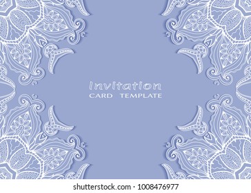 Plantilla de invitación o tarjeta con borde de encaje, papel recortado, elemento de marco mandala. Fondo decorativo de arte de fibra para bodas, tarjetas de felicitación de San Valentín, invitaciones de cumpleaños