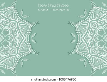 Invitation or Card template with lace border, cutout paper, mandala frame element. Decorative openwork filigree art background for Wedding, Valentine's day greeting cards, Birthday Invitations
