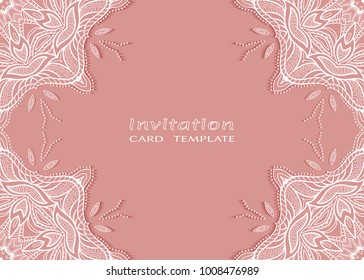 Invitation or Card template with lace border, cutout paper, mandala frame element. Decorative openwork filigree art background for Wedding, Valentine's day greeting cards, Birthday Invitations