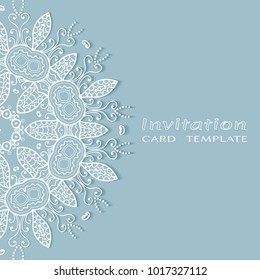Invitation or Card template with lace border pattern, cutout paper, mandala frame element. Decorative openwork filigree art background for Wedding, Valentine's day greeting cards, Birthday Invitations