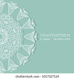 Invitation or Card template with lace border pattern, cutout paper, mandala frame element. Decorative openwork filigree art background for Wedding, Valentine's day greeting cards, Birthday Invitations