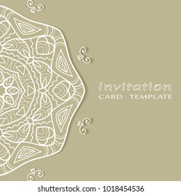 Invitation or Card template with lace border pattern, cutout paper, mandala frame element. Decorative openwork filigree art background for Wedding, Valentine's day greeting cards, Birthday Invitations