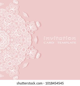 Invitation or Card template with lace border pattern, cutout paper, mandala frame element. Decorative openwork filigree art background for Wedding, Valentine's day greeting cards, Birthday Invitations