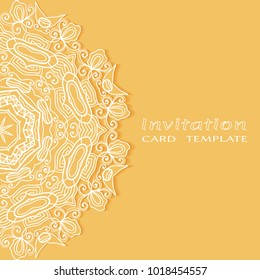 Invitation or Card template with lace border pattern, cutout paper, mandala frame element. Decorative openwork filigree art background for Wedding, Valentine's day greeting cards, Birthday Invitations